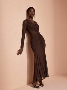 JIAN LASALA Mesh Long Sleeve V Neckline Ruched Mermaid Hemline Long Dress Elegant Party Vacation - Coffee Brown - View 5