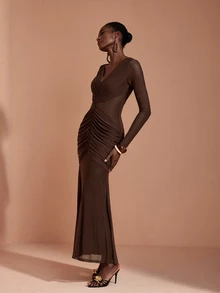 JIAN LASALA Mesh Long Sleeve V Neckline Ruched Mermaid Hemline Long Dress Elegant Party Vacation - Coffee Brown - View 3