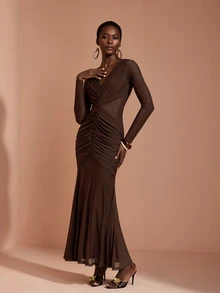 JIAN LASALA Mesh Long Sleeve V Neckline Ruched Mermaid Hemline Long Dress Elegant Party Vacation - Coffee Brown - View 4