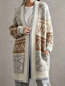 LanaWest Women's Fair Isle Geometric Jacquard Mid-Length Knit Cardigan Loose Lazy Sweater Jacket - Grey - View 4