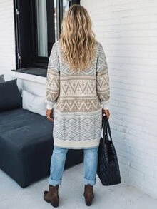 LanaWest Women's Fair Isle Geometric Jacquard Mid-Length Knit Cardigan Loose Lazy Sweater Jacket - Grey - View 2
