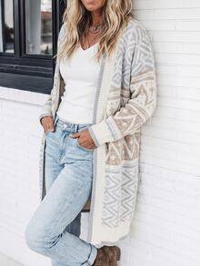 LanaWest Women's Fair Isle Geometric Jacquard Mid-Length Knit Cardigan Loose Lazy Sweater Jacket - Grey - View 3