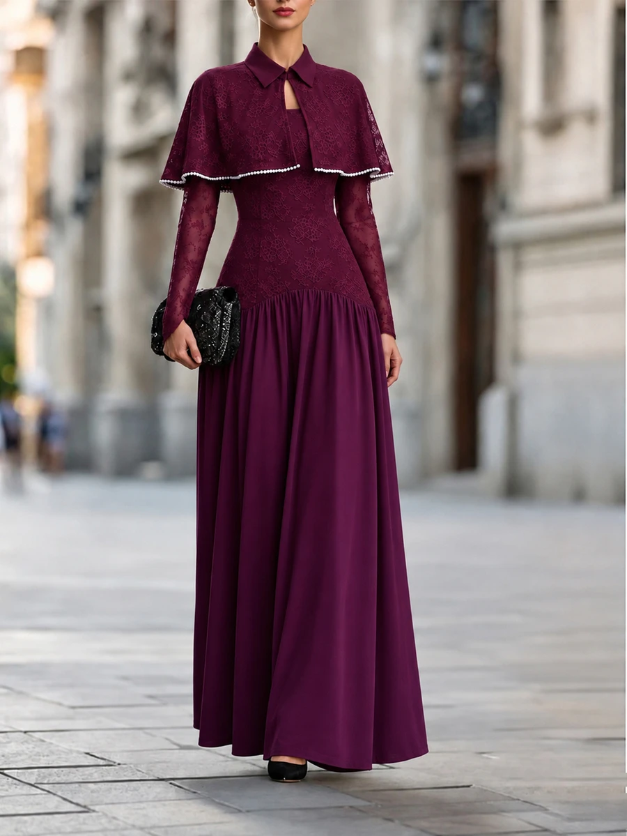 Selianne Women's Autumn/Winter Fashion Casual Ruched Waist Pleated Design Solid Color Long Dress Suitable For Daily Commute, Outings And Shopping - Burgundy - View 1