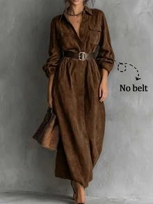 Breezaya Women's Long Sleeve Button Design Casual Daily Vacation Outing Easy To Match Solid Color Commute Long Dress - Brown - View 3