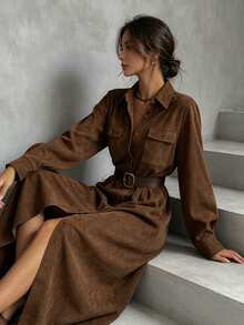Breezaya Women's Long Sleeve Button Design Casual Daily Vacation Outing Easy To Match Solid Color Commute Long Dress - Brown - View 7