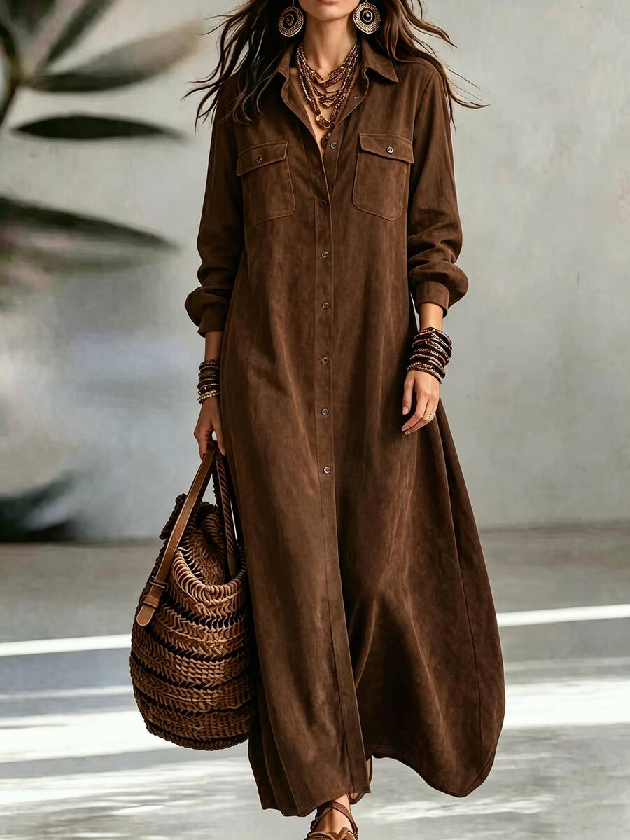 Breezaya Women's Long Sleeve Button Design Casual Daily Vacation Outing Easy To Match Solid Color Commute Long Dress - Brown - View 1