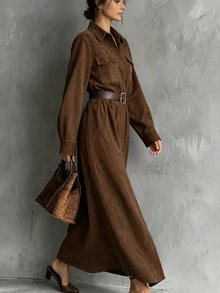 Breezaya Women's Long Sleeve Button Design Casual Daily Vacation Outing Easy To Match Solid Color Commute Long Dress - Brown - View 5