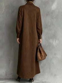 Breezaya Women's Long Sleeve Button Design Casual Daily Vacation Outing Easy To Match Solid Color Commute Long Dress - Brown - View 2