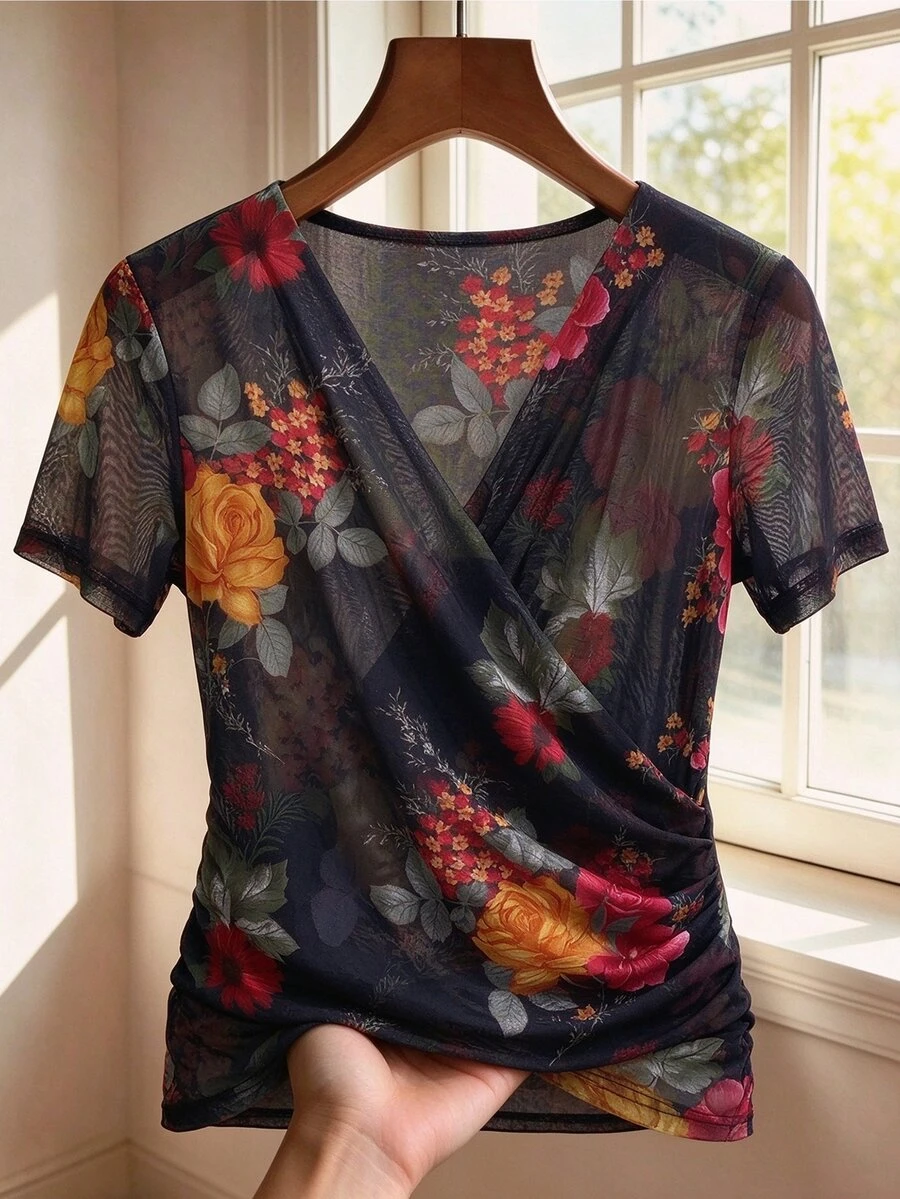 GlowEve Floral Print Wrap T-Shirt For Middle-Aged And Elderly Women - Multicolor - View 1