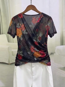 GlowEve Floral Print Wrap T-Shirt For Middle-Aged And Elderly Women - Multicolor - View 3