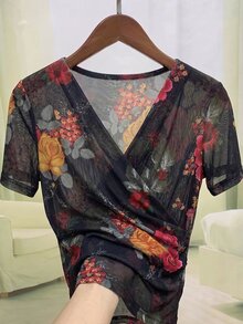 GlowEve Floral Print Wrap T-Shirt For Middle-Aged And Elderly Women - Multicolor - View 4