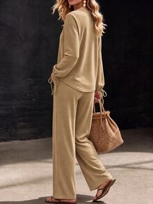 Breezaya Fall Camel Round Neck Loose Fit, Lantern Sleeve Long Sleeve With Drawstring Bowknot Decoration, Straight Leg Knit Pants, Lounge Casual - Khaki - View 2