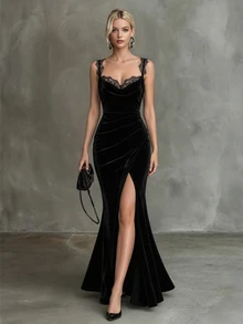 Balvessa Women's Elegant Sexy Lace Patchwork Ruched Split Thigh Velvet Formal Dress - Black - View 5