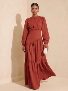 Vesra Women's Bubble Sleeve Pleated Long Dress - Red - View 4