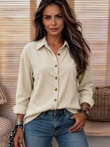 Holdful Holdful Women's Corduroy Turn-Down Collar Long Sleeve Shirt - Khaki - View 1