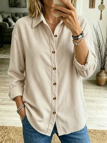 Holdful Holdful Women's Corduroy Turn-Down Collar Long Sleeve Shirt - Khaki - View 5