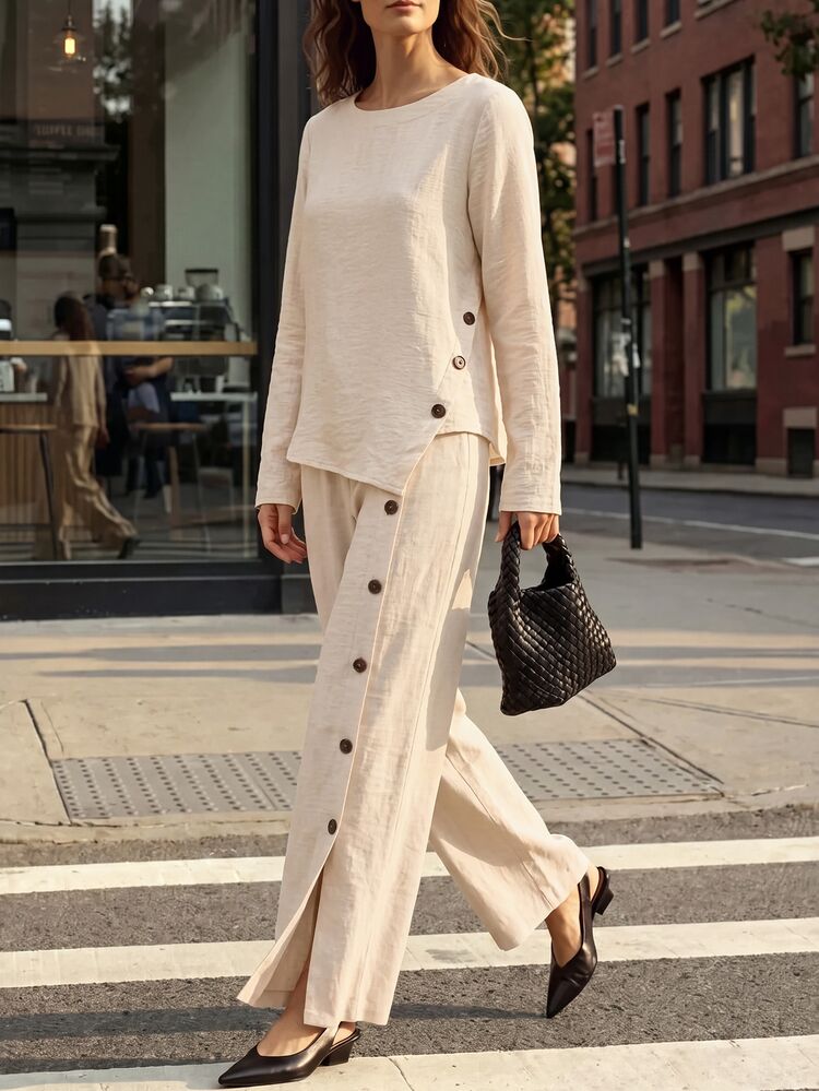 LUMIGAL Women's Spring/Autumn New Loose Comfortable Flattering Asymmetrical Hem Side Button Decor Shirt And Side Button Decor Hem Slit Wide Leg Pants, Casual Urban Asymmetrical Long Pants Set - Khaki - View 4