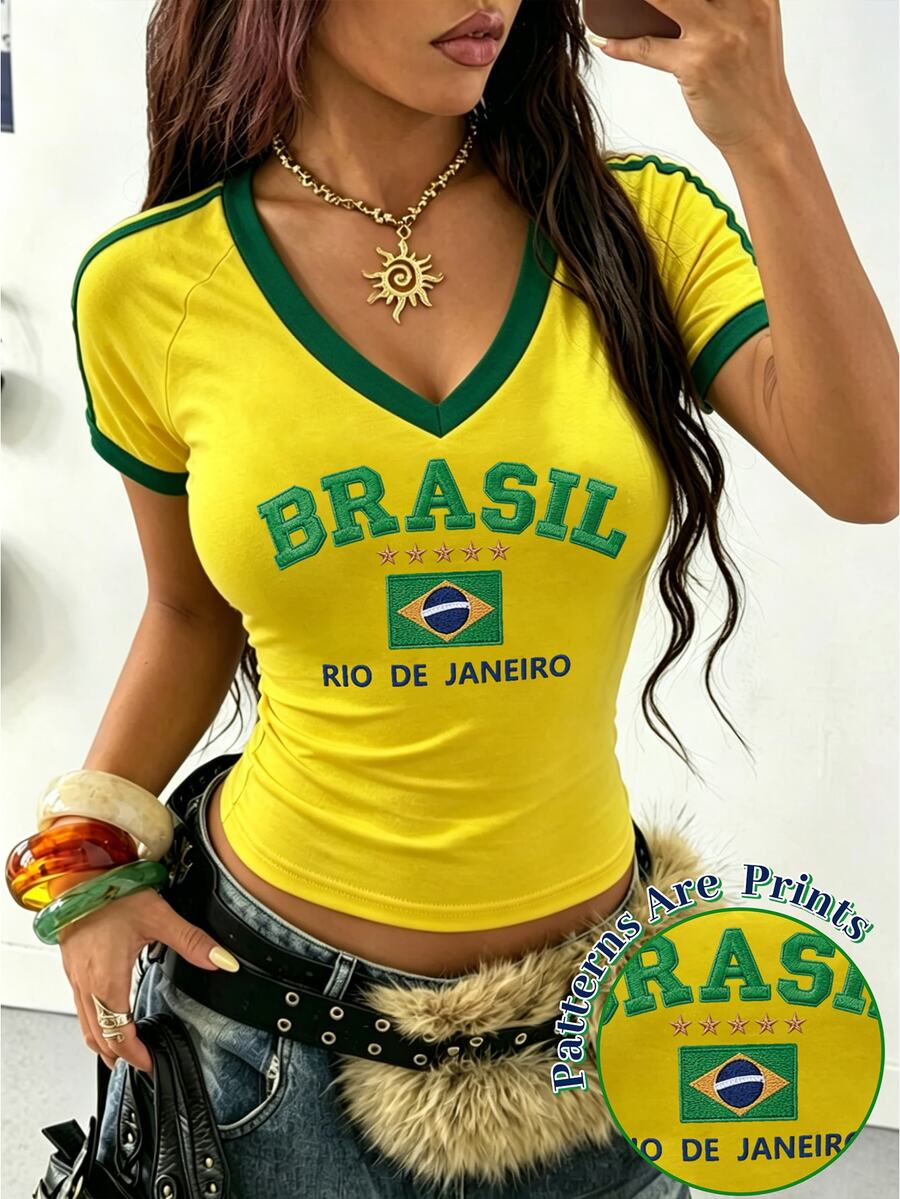 Dekonique Dekonique 女款 Y2K 巴西印花短版上衣,V 領短袖修身 T 恤,復古「Rio De Janeiro Brazil」圖案 T-shirt,適合夏季海灘、休閒穿著與度假 - 彩色 - 查看 1