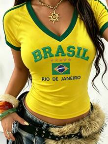 Dekonique Dekonique 女款 Y2K 巴西印花短版上衣，V 領短袖修身 T 恤，復古「Rio De Janeiro Brazil」圖案 T-shirt，適合夏季海灘、休閒穿著與度假 - 彩色 - 查看 5