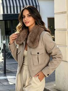 SHEIN PariChic جاكيت نسائي بياقة من الفرو الصناعي المرقع وسحاب وأكمام طويلة - كاكي - مشاهدة 6