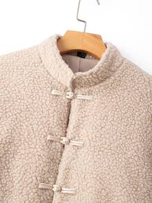 Pariaura Women's Fall Winter Cream Stand Collar Single-Breasted Shearling Short Jacket, Long-Sleeve Loose Warm Top,Elegant Occasion Wear For Daily Commute Date - Brown - View 7