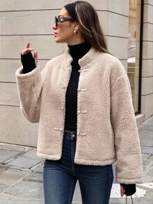 Pariaura Women's Fall Winter Cream Stand Collar Single-Breasted Shearling Short Jacket, Long-Sleeve Loose Warm Top,Elegant Occasion Wear For Daily Commute Date - Brown - View 1