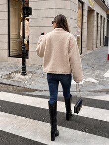 Pariaura Women's Fall Winter Cream Stand Collar Single-Breasted Shearling Short Jacket, Long-Sleeve Loose Warm Top,Elegant Occasion Wear For Daily Commute Date - Brown - View 2