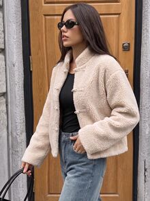Pariaura Women's Fall Winter Cream Stand Collar Single-Breasted Shearling Short Jacket, Long-Sleeve Loose Warm Top,Elegant Occasion Wear For Daily Commute Date - Brown - View 4