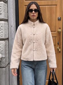 Pariaura Women's Fall Winter Cream Stand Collar Single-Breasted Shearling Short Jacket, Long-Sleeve Loose Warm Top,Elegant Occasion Wear For Daily Commute Date - Brown - View 6