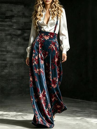 SHEIN Vintage Velvet Suspender Wide Leg Jumpsuit, Blue Background With Red Floral Print, Festival Outfits ,Festival Outfits,Vacation,Cute,Floral,Disco