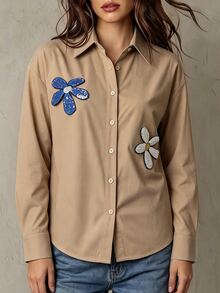 Franclia Women's Fall Beige Long-Sleeve Loose-Fit Shirt With Lapel Drop Shoulders And Contrasting Sequined Floral Pattern Brunch Retro Cute French Casual - Brown - View 6