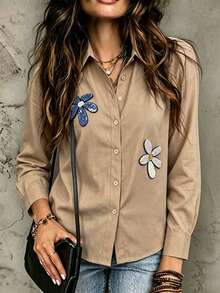 Franclia Women's Fall Beige Long-Sleeve Loose-Fit Shirt With Lapel Drop Shoulders And Contrasting Sequined Floral Pattern Brunch Retro Cute French Casual - Brown - View 3