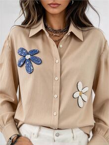 Franclia Women's Fall Beige Long-Sleeve Loose-Fit Shirt With Lapel Drop Shoulders And Contrasting Sequined Floral Pattern Brunch Retro Cute French Casual - Brown - View 1