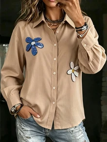 Franclia Women's Fall Beige Long-Sleeve Loose-Fit Shirt With Lapel Drop Shoulders And Contrasting Sequined Floral Pattern Brunch Retro Cute French Casual - Brown - View 4
