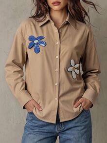 Franclia Women's Fall Beige Long-Sleeve Loose-Fit Shirt With Lapel Drop Shoulders And Contrasting Sequined Floral Pattern Brunch Retro Cute French Casual - Brown - View 8