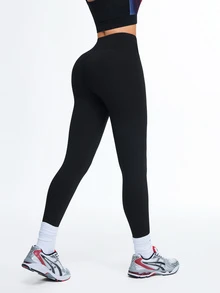 Eassivo Eassivo Women's Solid Color Asymmetric Waistband Sports Leggings - Black - View 9