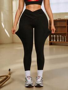 Eassivo Eassivo Women's Solid Color Asymmetric Waistband Sports Leggings - Black - View 4