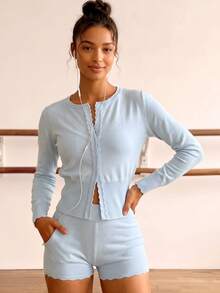 SHEIN Sports Women's Regular Fit Crew Neck Long Sleeve Sweater - Baby Blue - View 3