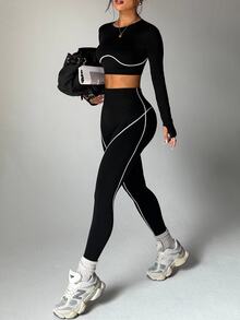 Slayform Slayform 2 件套女士无缝撞色条纹圆领长袖拇指孔腰带跑步健身锻炼户外短款紧身裤套装 - 黑與白 - 查看 7