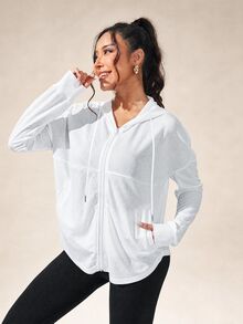 Eassivo Eassivo Drop Shoulder Zip Up Hooded Sports Jacket - White - View 5