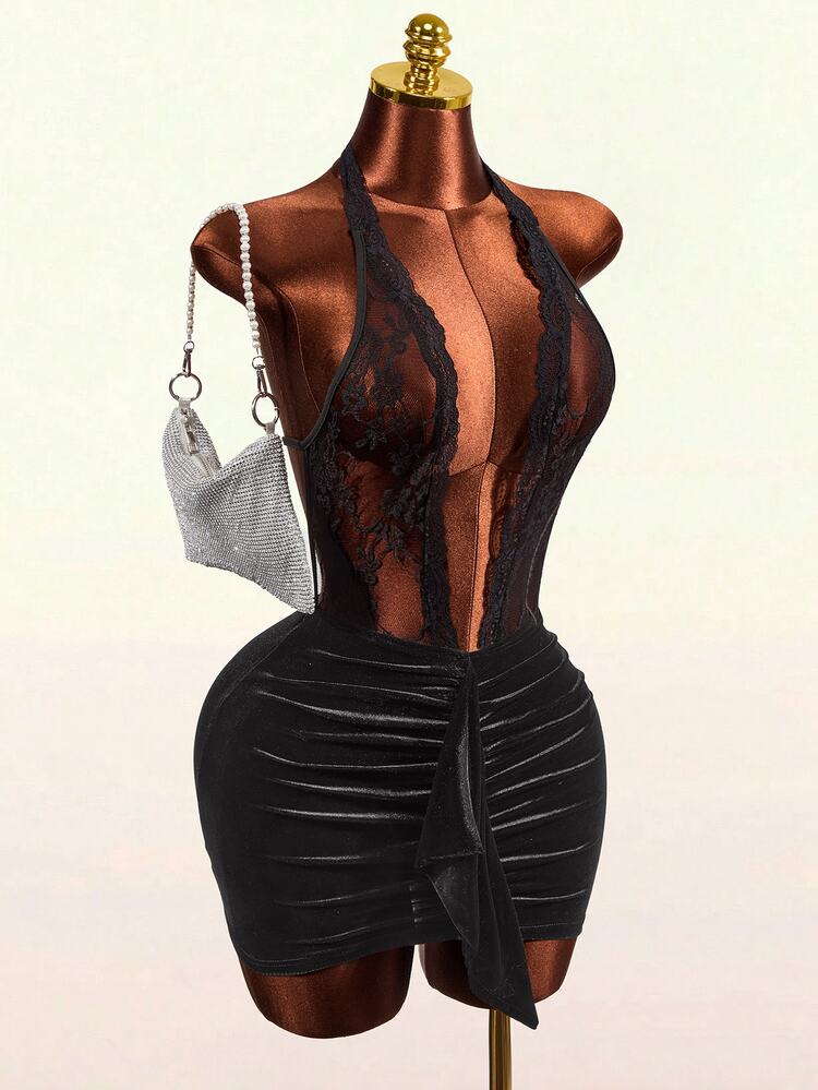Mistrie Women's Sexy Goth Sheer Lace Patchwork Ruched Velvet Slip Dress Halloween Party Night Out Black Summer - Black - View 5