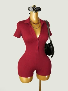 Mistrie Women's Solid Color Casual Daily Short Sleeve Romper - Hot Pink - View 5