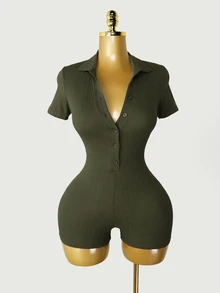 Mistrie Women's Fashion Ribbed Button Short Sleeve Fitted Romper - Army Green - View 6