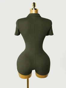 Mistrie Women's Fashion Ribbed Button Short Sleeve Fitted Romper - Army Green - View 2