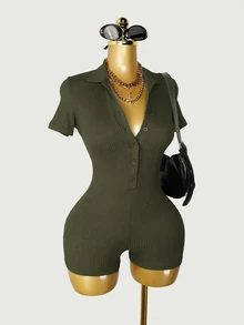 Mistrie Women's Fashion Ribbed Button Short Sleeve Fitted Romper - Army Green - View 4