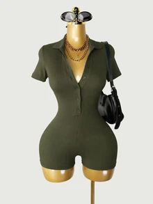 Mistrie Women's Fashion Ribbed Button Short Sleeve Fitted Romper - Army Green - View 1
