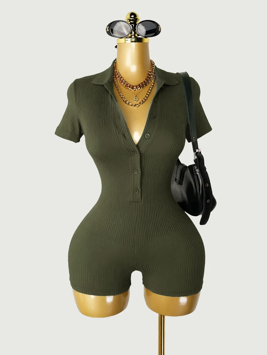 Mistrie Women's Fashion Ribbed Button Short Sleeve Fitted Romper - Army Green - View 1