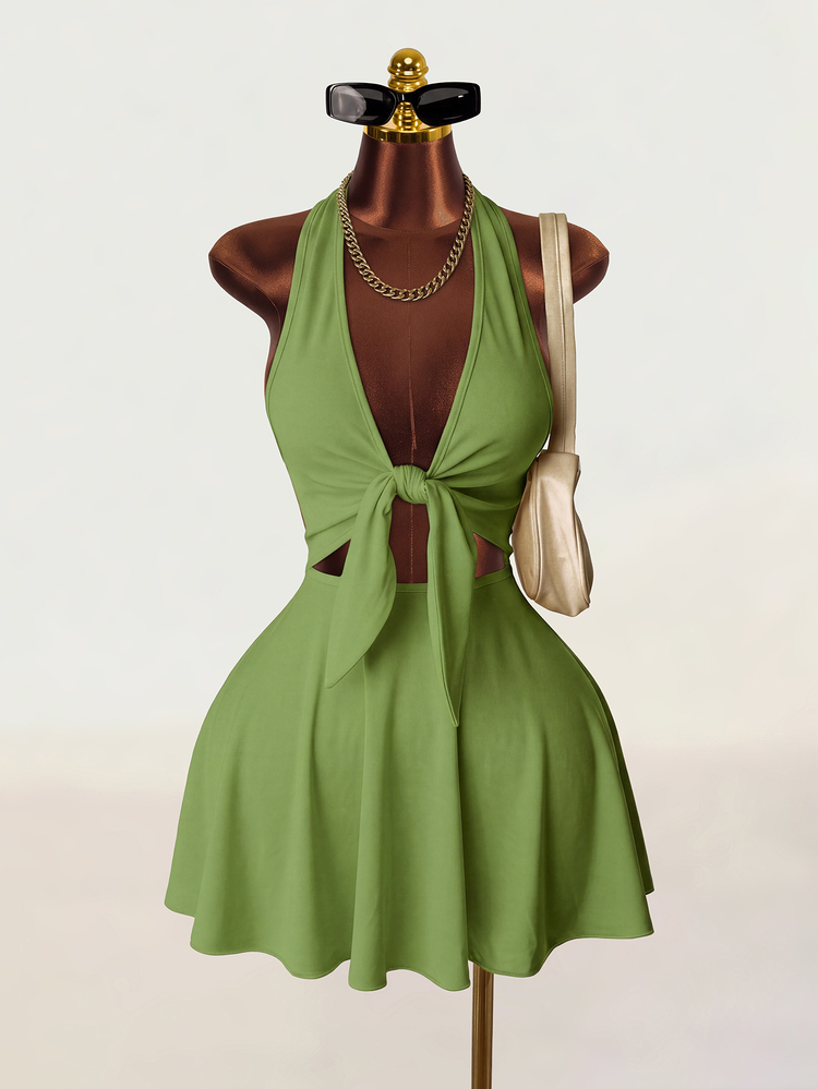 Mistrie Women's Solid Color Halter Twist Back Bodycon Dress Green Beach Holiday Vacation Dress Summer Dress Holiday - Green - View 3