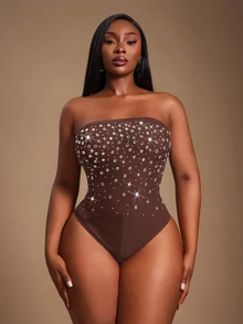 Radiana Plus Rhinestone Detail Tube Bodysuit - Coffee Brown - View 8