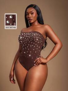 Radiana Plus Rhinestone Detail Tube Bodysuit - Coffee Brown - View 2